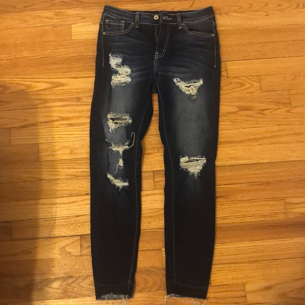 Distressed dark denim Kancan jeans